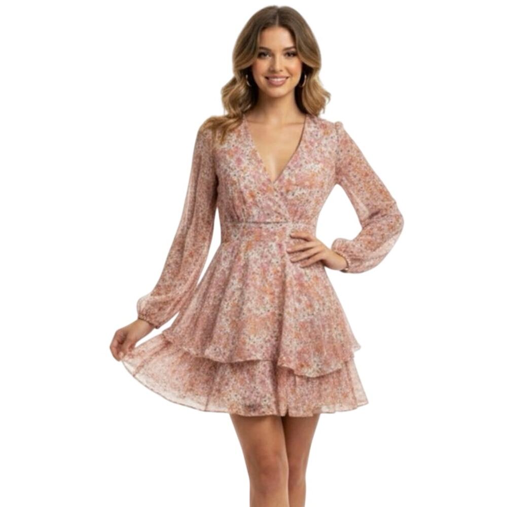 JAPNA Pink Floral Dress Medium Chiffon Layer Fairycore Coquette Flowy Cottage